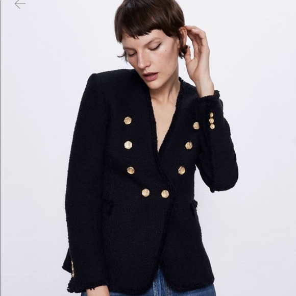 New Zara Black Tweed Jacket With Button 